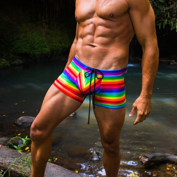 Rainbow Square-cut Euro-style Men's FItted Swim Trunks